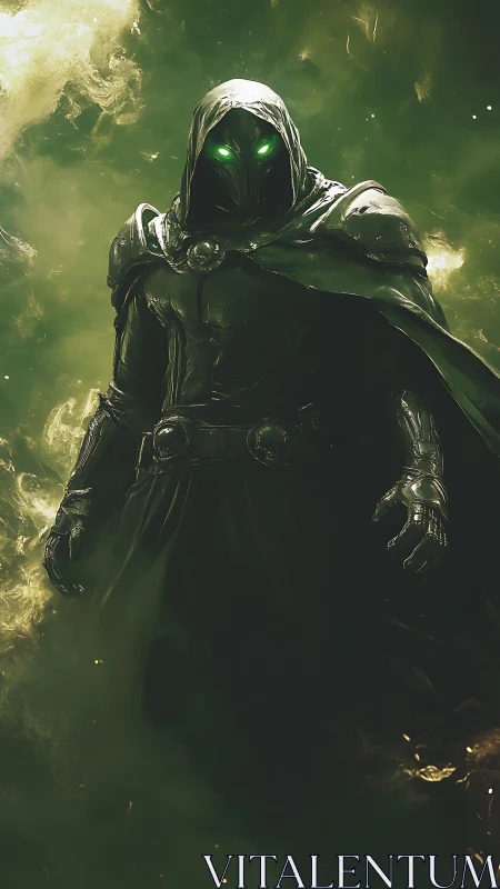 Hooded arcane warlord in emerald nebula mist with glowing eyes