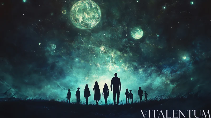 Silhouetted figures stand beneath multiple luminous moons