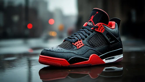 Streetlit raindrops crown a crimson‑soled urban sneaker hero