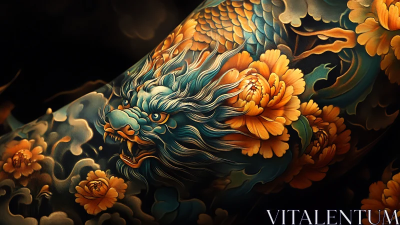 Dragon tattoo design wraps around skin with floral elements