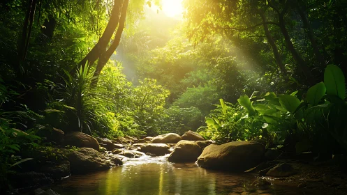 Sunlit Forest Stream: Nature's Hidden Sanctuary.