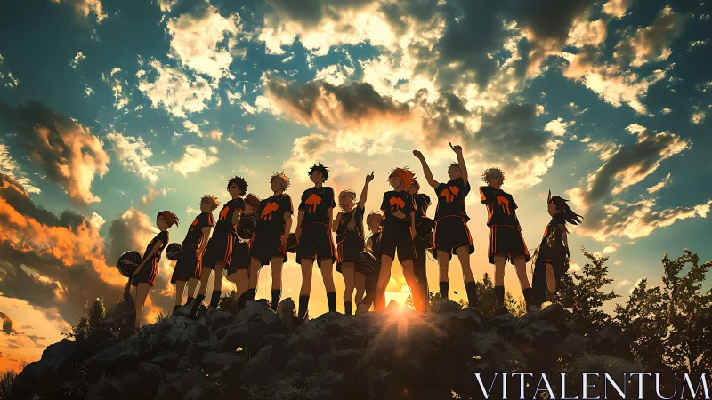 Sunlit anime basketball team silhouetted on rocky summit.
