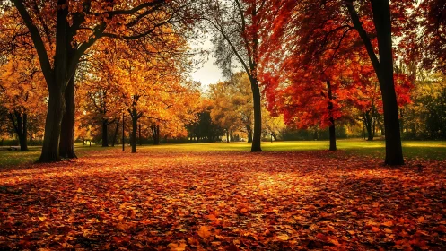 Autumn trees line a park lawn under dense fallen foliage carpet