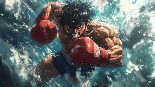 Muscular boxer in red gloves punches with dramatic cloudy backdrop.