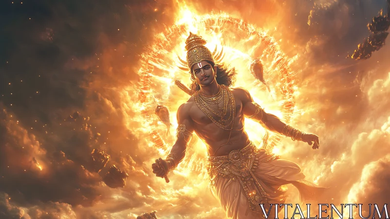 Celestial warrior deity amid stellar plasma vortex and clouds