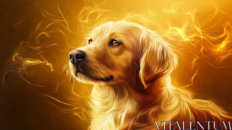 Golden retriever portrait with luminous abstract light trails