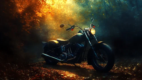 Sunlit forest motorcycle waits quietly on a golden path