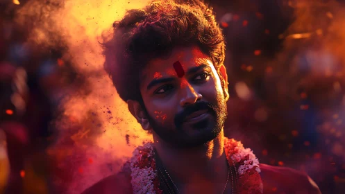 Portrait of a man amid vivid festival colors and light.