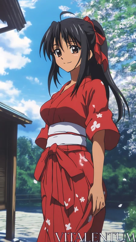 Anime girl in red yukata under cherry blossoms, sunny shrine courtyard