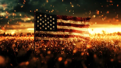 American Flag Burning Amid Golden Fire and Embers.