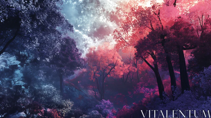 Chromatic twilight forest in magenta and cyan glow.