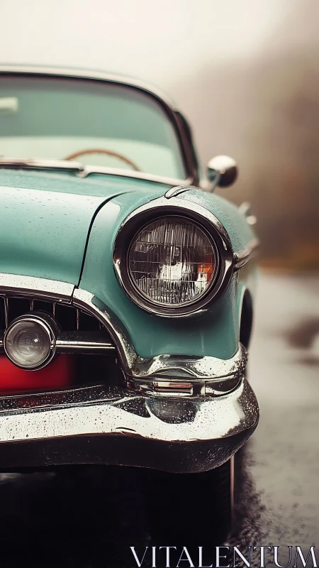 Mint green vintage car front in wet overcast street