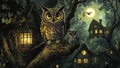 Moonlit owl guardians above lantern-lit forest cottages.