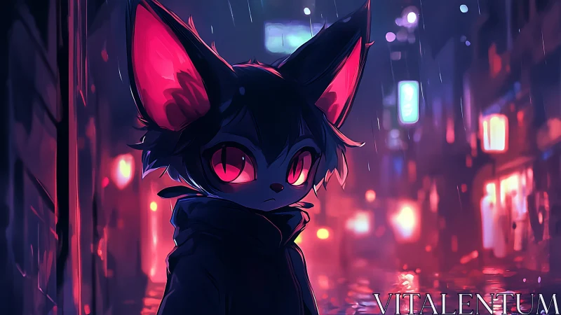 Neon lit city street with lone cat character in rain at night.