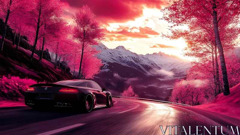 Sports car races through neon pink alpine sunset valley