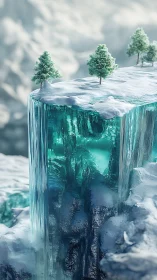 Crystal winter cliff with tiny trees and frozen falls.