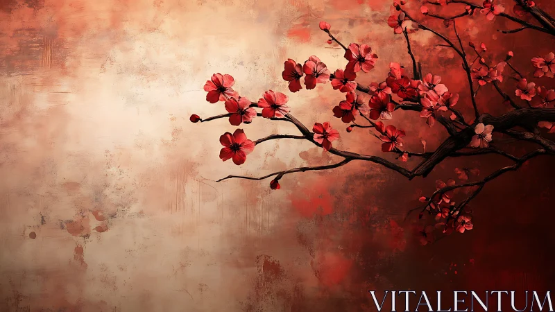 Red cherry blossoms on textured warm gradient background.