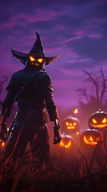 Pumpkin headed figure in field with glowing jack o lanterns.