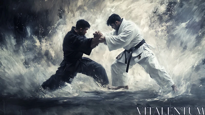 Martial artists grappling in turbulent water environment.