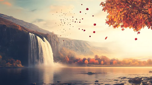 Waterfall whispers while autumn leaves drift into glowing mist