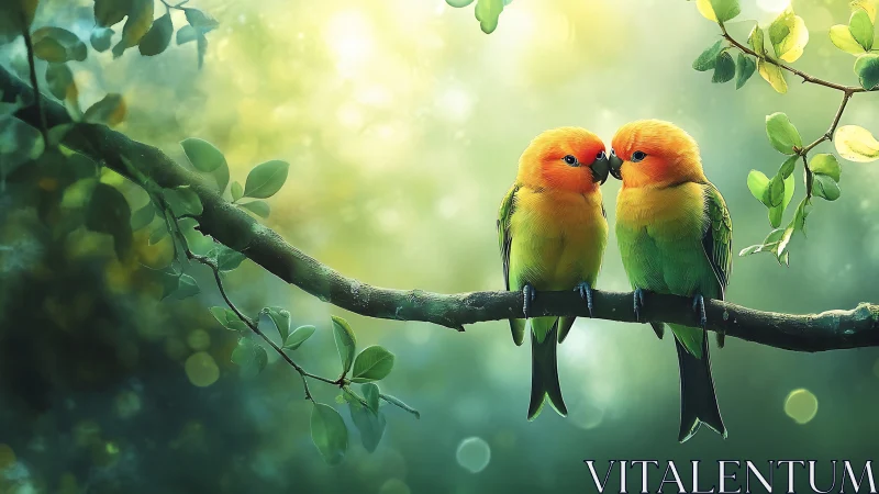 Vibrant lovebirds on branch in dreamy, soft-focus forest scene.