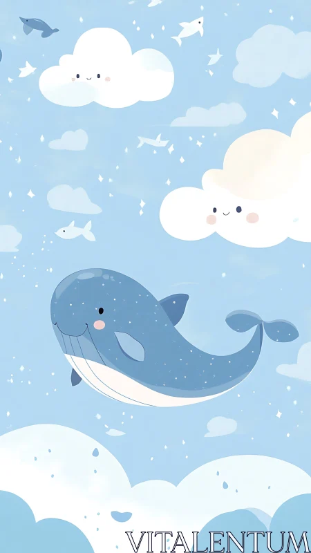 Cute blue whale floating through pastel sky clouds.