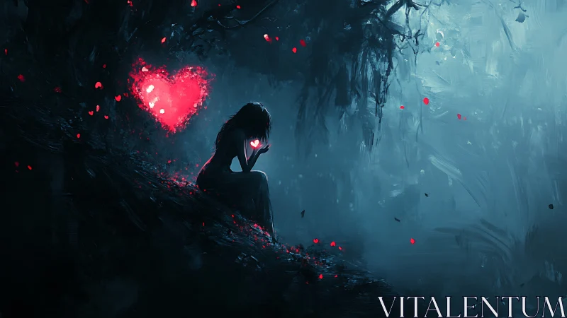Solitary girl with glowing heart in misty blue forest night.