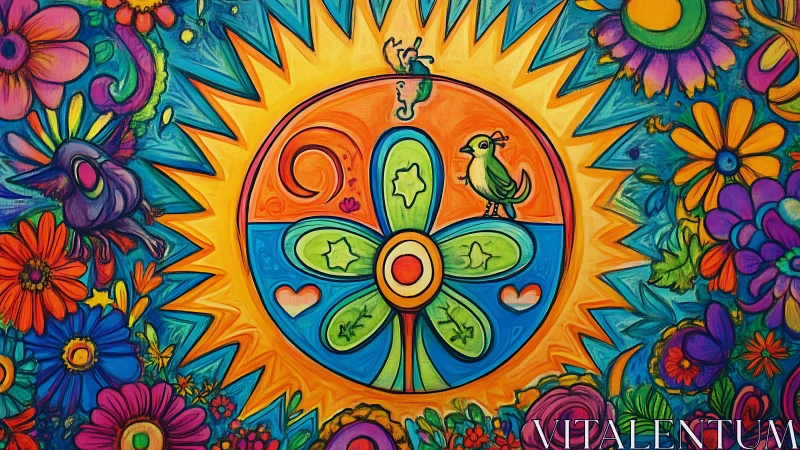 Radial floral mandala with birds in saturated psychedelic palette