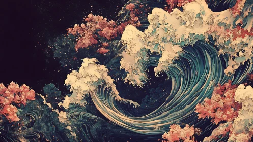 Gentle dreamlike wave curling through blooming coral night.