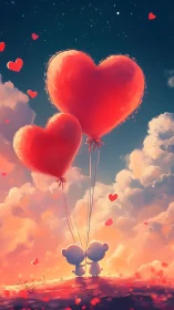 Heart Balloons Carry Two Silhouettes Into Sunset Sky.