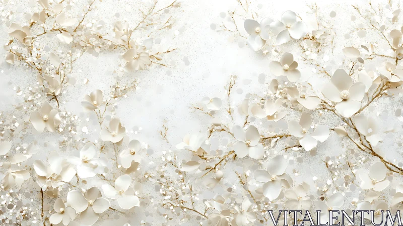 White floral branches with layered blossoms on pale field.