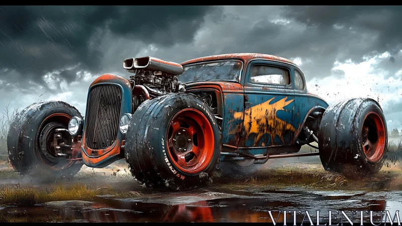 Rust-scarred hot rod tears through storm-soaked wasteland.
