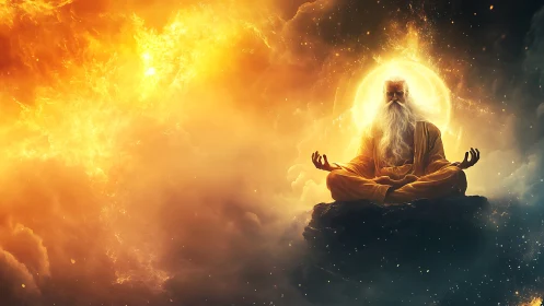 Serene cosmic sage meditating within glowing golden clouds.
