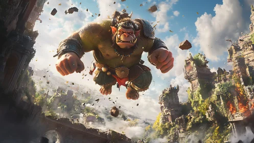 Armored ogre lunges over crumbling ancient city ruin.