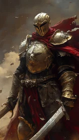 Armored knight stands in storm with raised twin blades