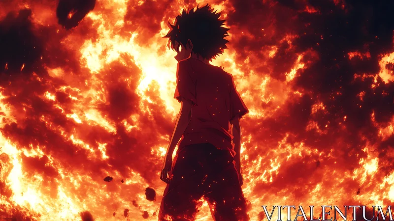 Backlit anime silhouette against turbulent inferno field.