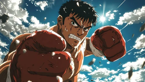 Determined anime boxer swings forward with fierce resolve.
