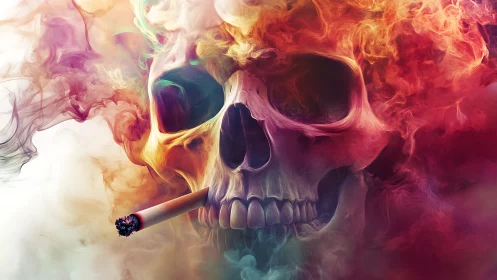 Flaming skull exhales swirling chromatic smoke from cigarette