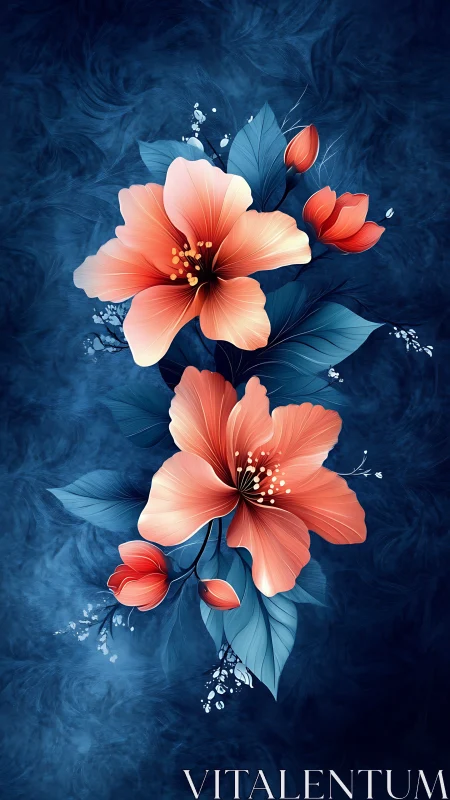 Coral Blossoms Dancing Against Deep Blue Textured Backdrop