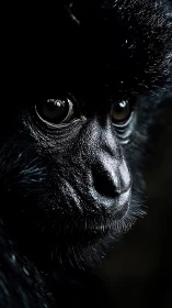 High-contrast macro portrait isolates glossy primate facial textures