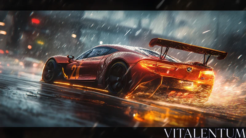 Rain-soaked hypercar drifts through neon-lit urban street