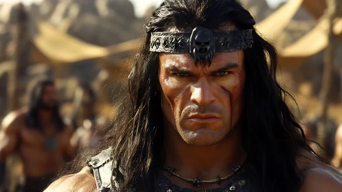 Barbarian warrior portrait under harsh desert backlighting