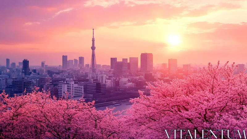Urban skyline and cherry blossoms are shown under sunset light
