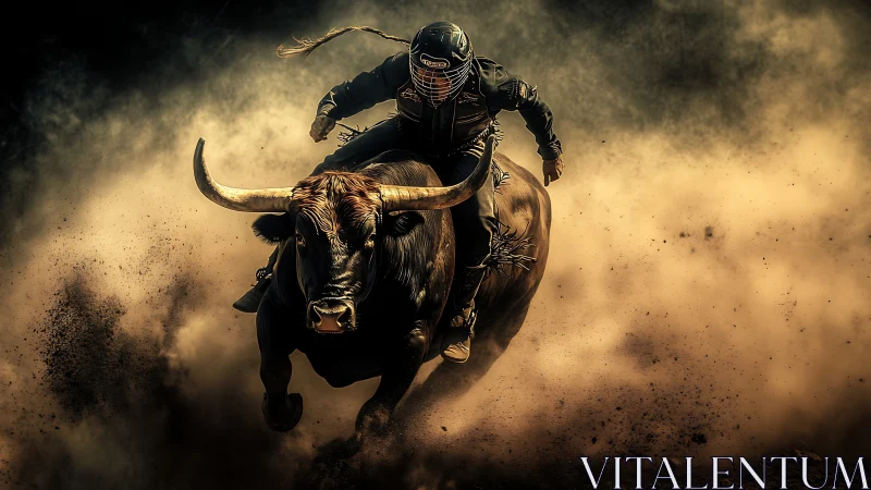 Helmeted rider controls charging bull amid dense dust