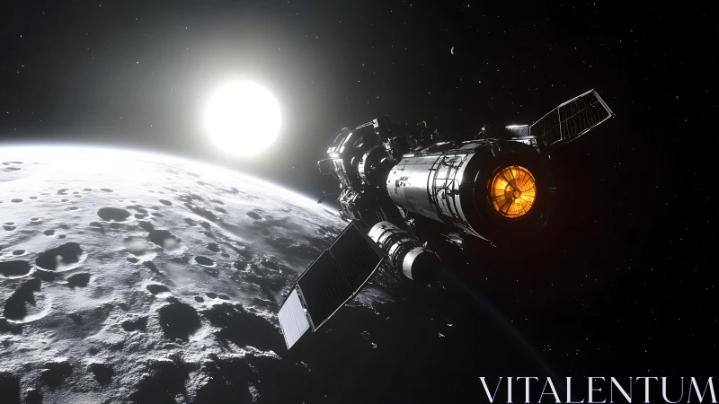 Detailed spacecraft orbiting cratered moon in sunlight.