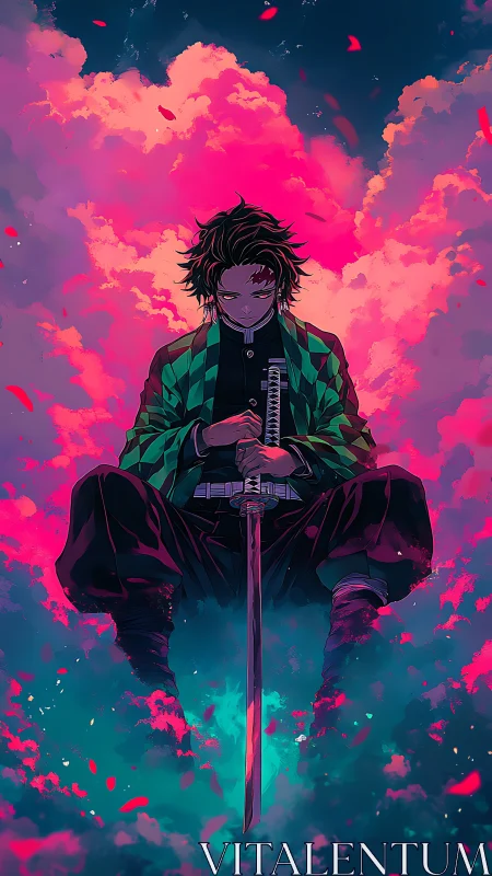 Storm-lit swordsman drifting between neon thunderclouds.