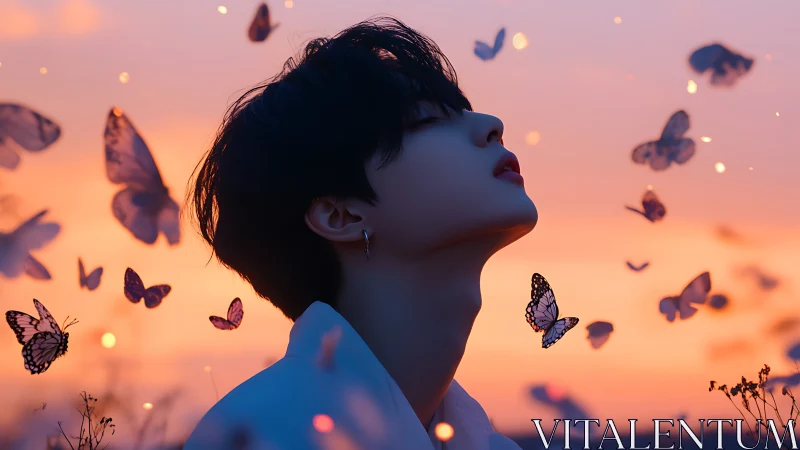 Side profile portrait with butterflies at sunset sky.
