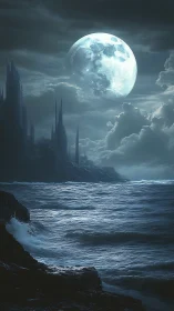 Lunar-lit gothic coastline with stormy bioluminescent sea.