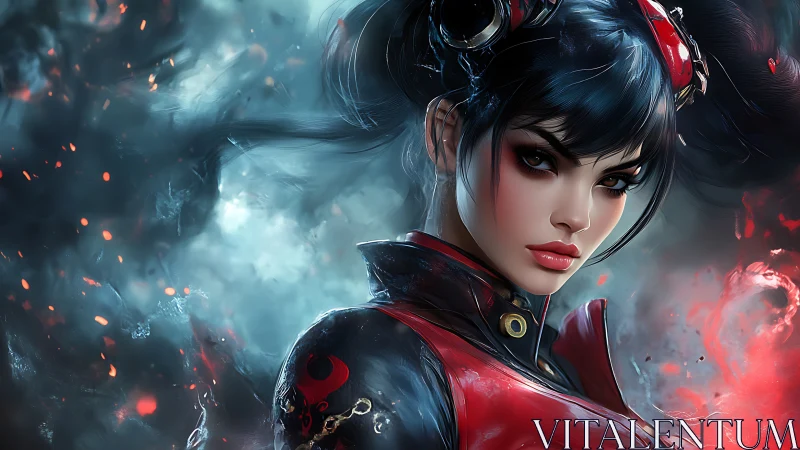 Volatile pyrokinetic warrior in red tactical exosuit portrait.