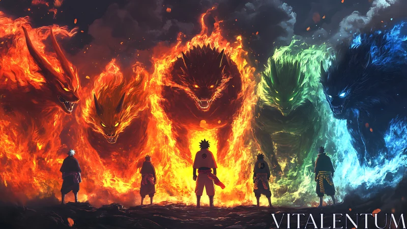 Elemental beast lineup faces cloaked warriors in firestorm.